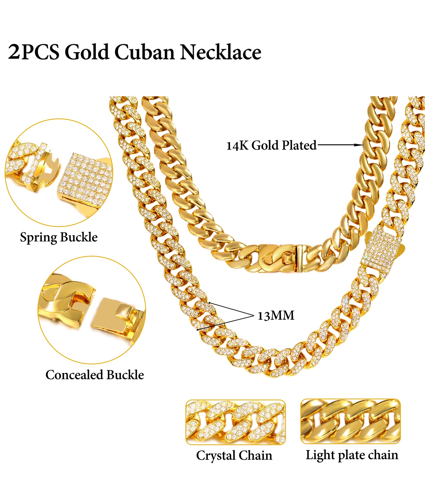 2PCS Cuban Link Chain for Men Women Miami Cuban Link Chain Necklace Gold Silver Plated Bling Diamond Chain Trendy Choker Chain Necklaces Jewelry Gift for Men Boy