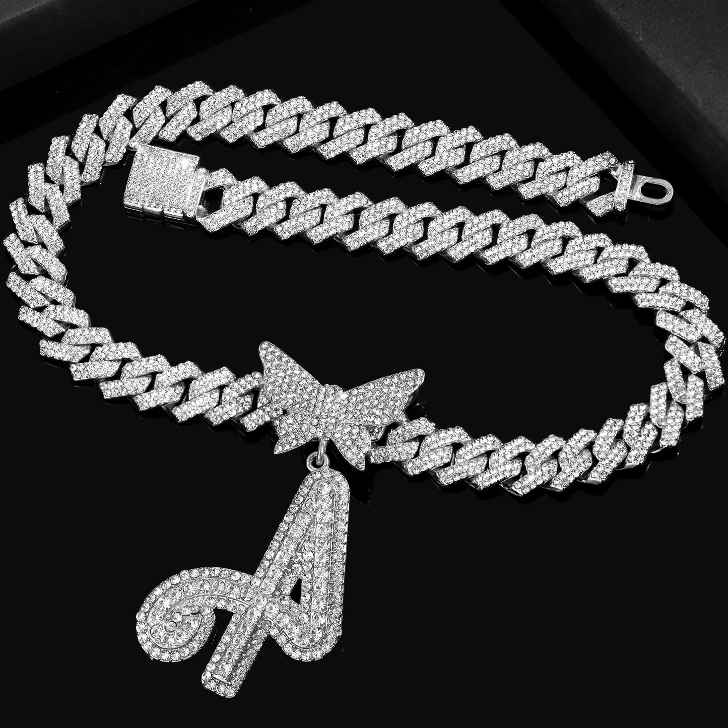 JNCTCOE Cuban Link Chain for Women Cursive Silver Initial 14MM Diamond Prong Cuban Chain Hip Hop Iced Out Chain Necklace Butterfly Initial Letter Name Necklaces for Women (B, Silver)