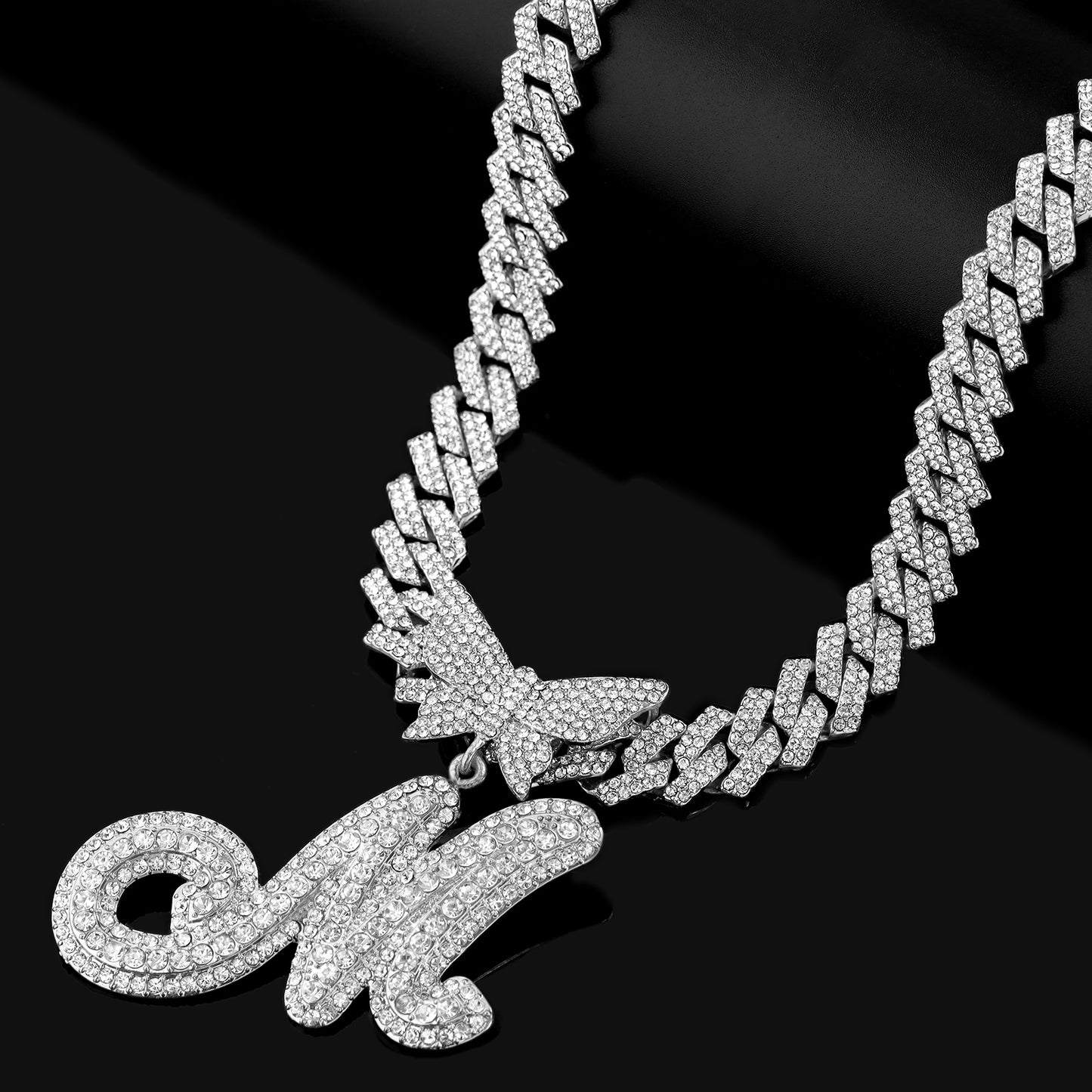 JNCTCOE Cuban Link Chain for Women Cursive Silver Initial 14MM Diamond Prong Cuban Chain Hip Hop Iced Out Chain Necklace Butterfly Initial Letter Name Necklaces for Women (B, Silver)