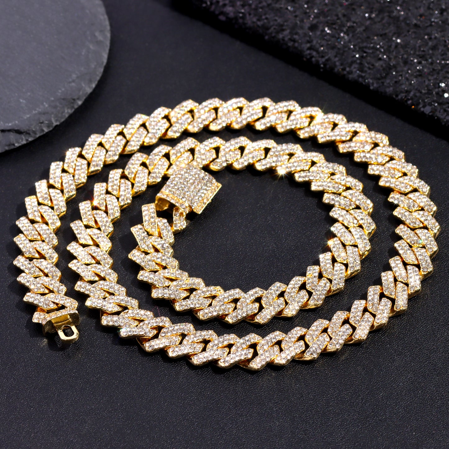 SHAMTEM Miami Cuban Link Chain for Men 14mm Diamond Iced Out Cuban Link Chain Necklace Bracelet Hip Hop Jewelry Mens Women