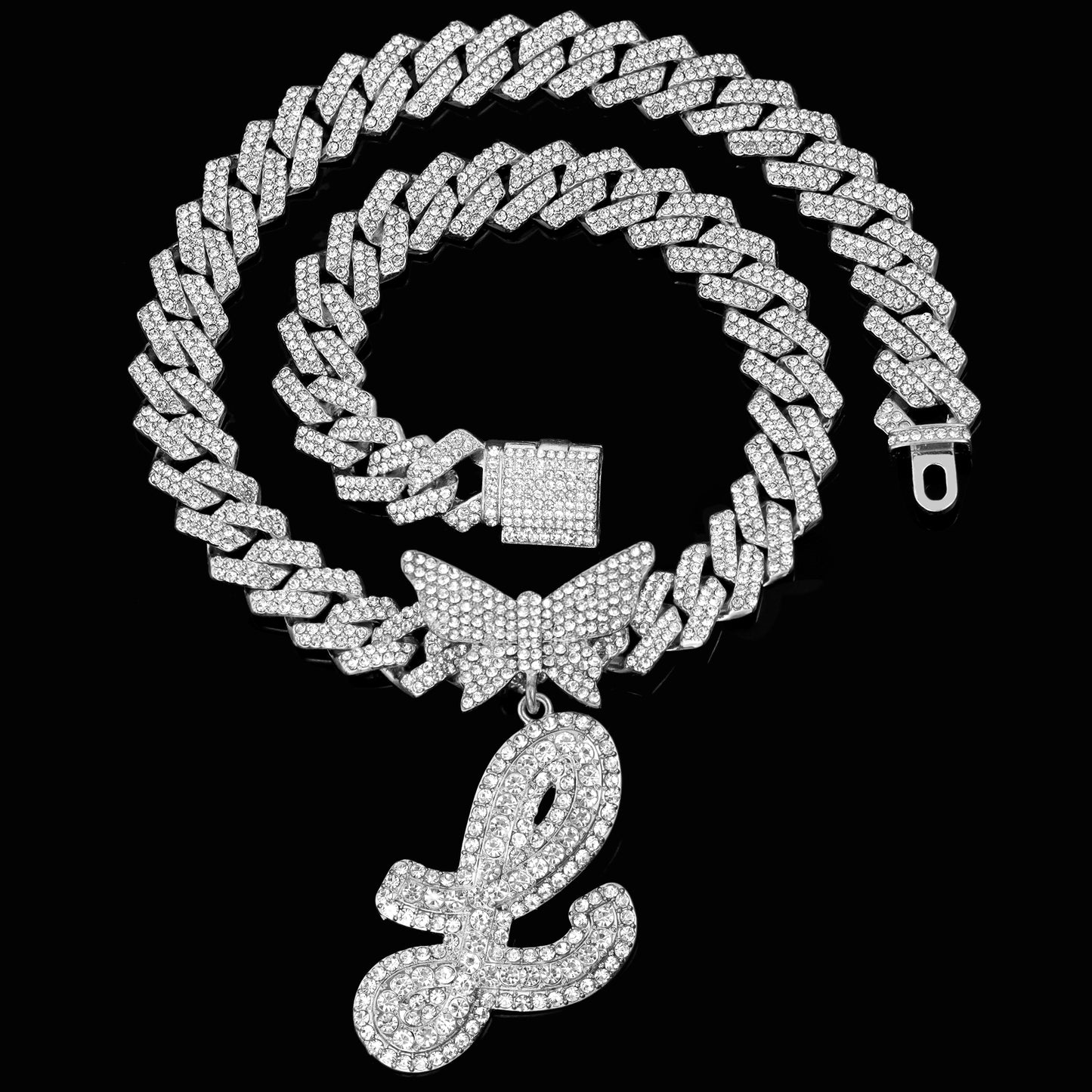 JNCTCOE Cuban Link Chain for Women Cursive Silver Initial 14MM Diamond Prong Cuban Chain Hip Hop Iced Out Chain Necklace Butterfly Initial Letter Name Necklaces for Women (B, Silver)