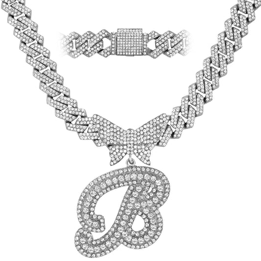 JNCTCOE Cuban Link Chain for Women Cursive Silver Initial 14MM Diamond Prong Cuban Chain Hip Hop Iced Out Chain Necklace Butterfly Initial Letter Name Necklaces for Women (B, Silver)